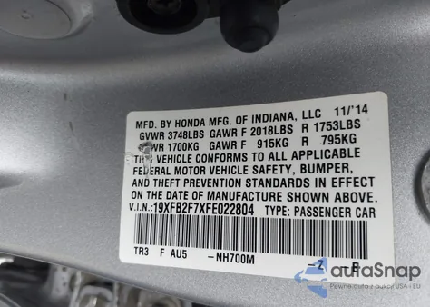 2015 Honda Civic Se из США, поврежденный, VIN 19XFB2F7XFE022804